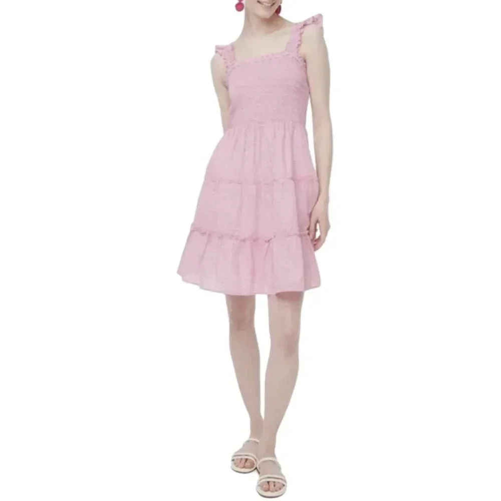 J Crew Striped smocked tiered mini dress in pink/white size Large - Picture 12 of 13